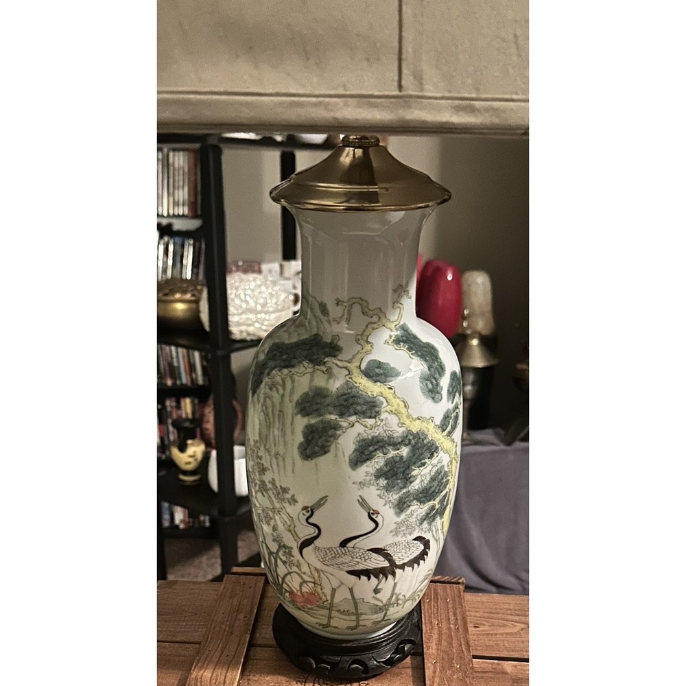 Vintage Chinese Porcelain Famille Rose Figural Birds And Landscape  Lamp - Picture 3 of 9